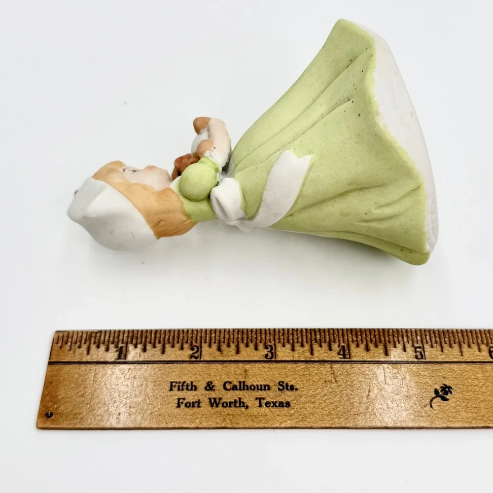 Vintage Japan Porcelain Nurse Figurine Green Dress Holding Teddy Bear Bisque - Picture 7 of 7